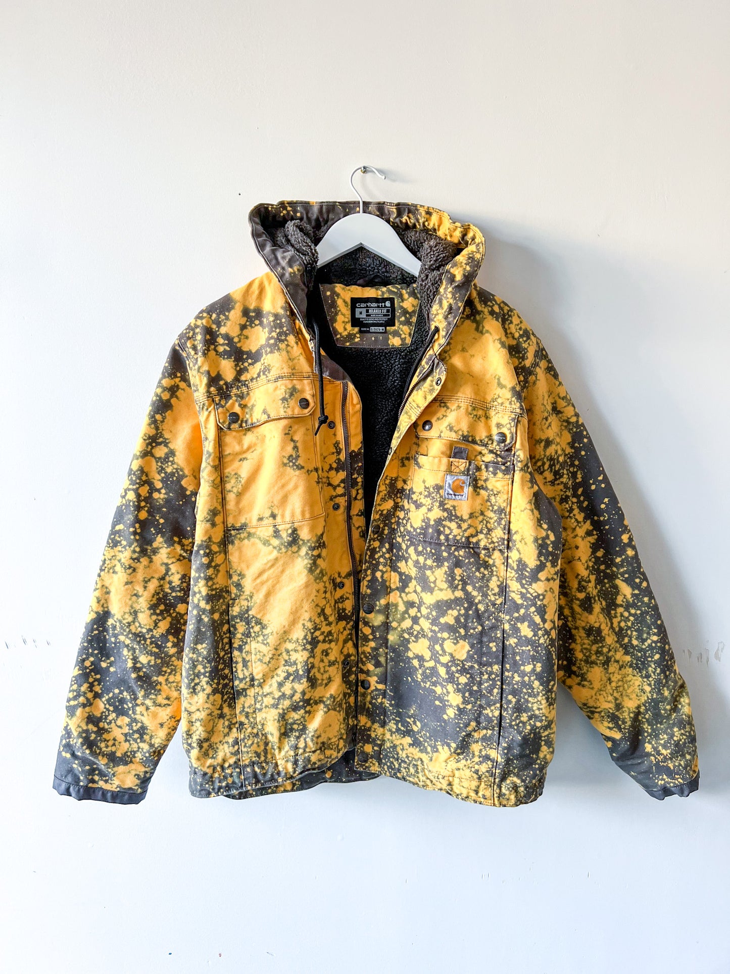 ALBERTA - Upcycled 2010s Carhartt Acid Washed Sherpa Lined Utility Coat - Gray, Safety Yellow - Unisex Medium
