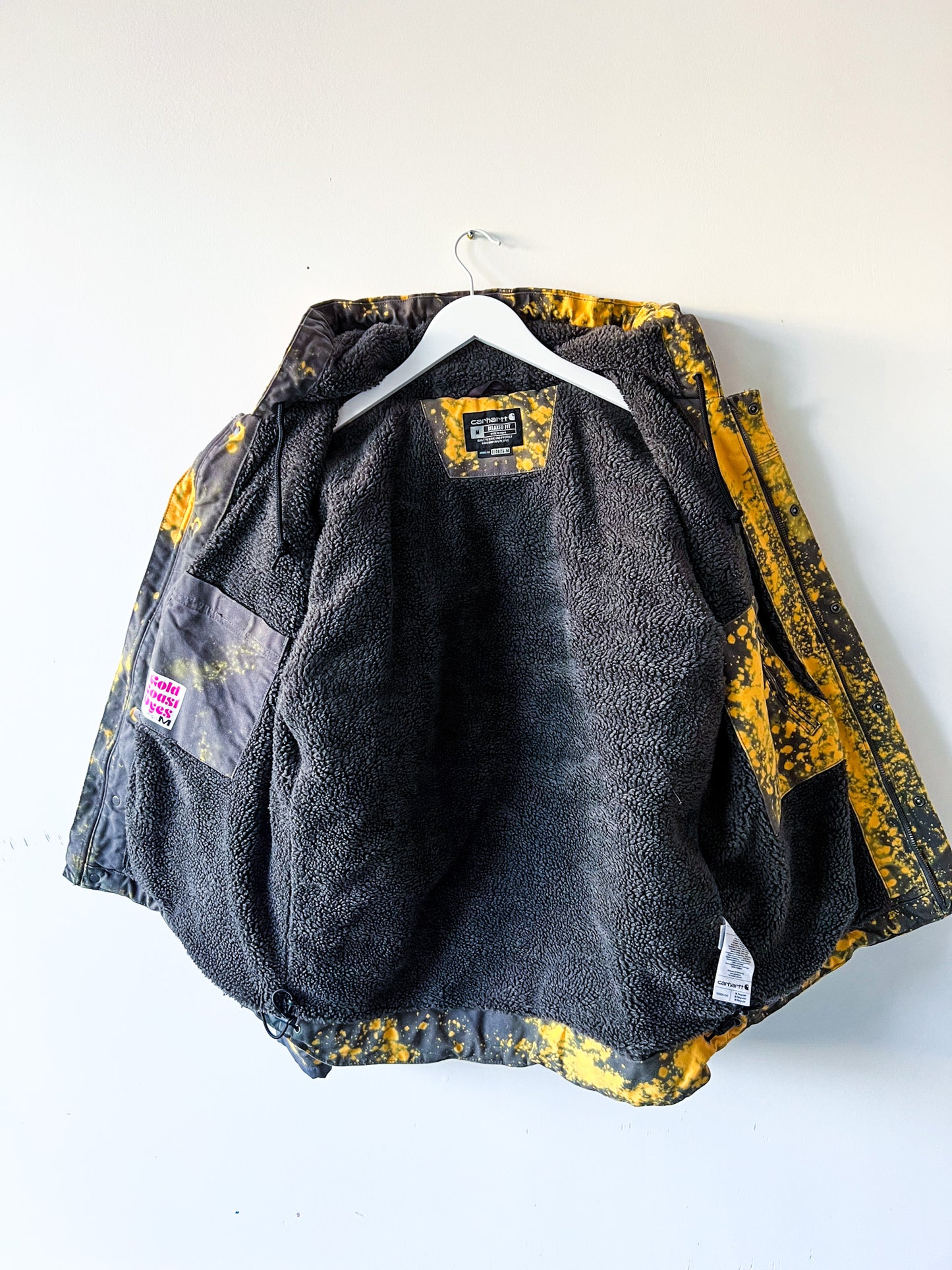 ALBERTA - Upcycled 2010s Carhartt Acid Washed Sherpa Lined Utility Coat - Gray, Safety Yellow - Unisex Medium