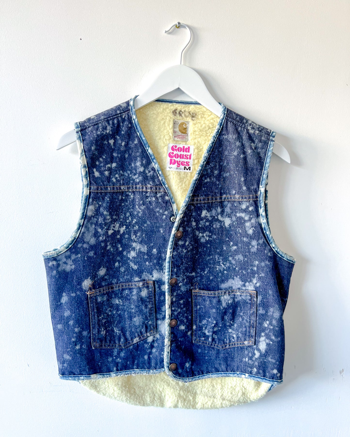 CANTON - Vintage 80s Carhartt Acid Washed Sherpa Lined Denim Vest - Denim, White - Unisex Medium
