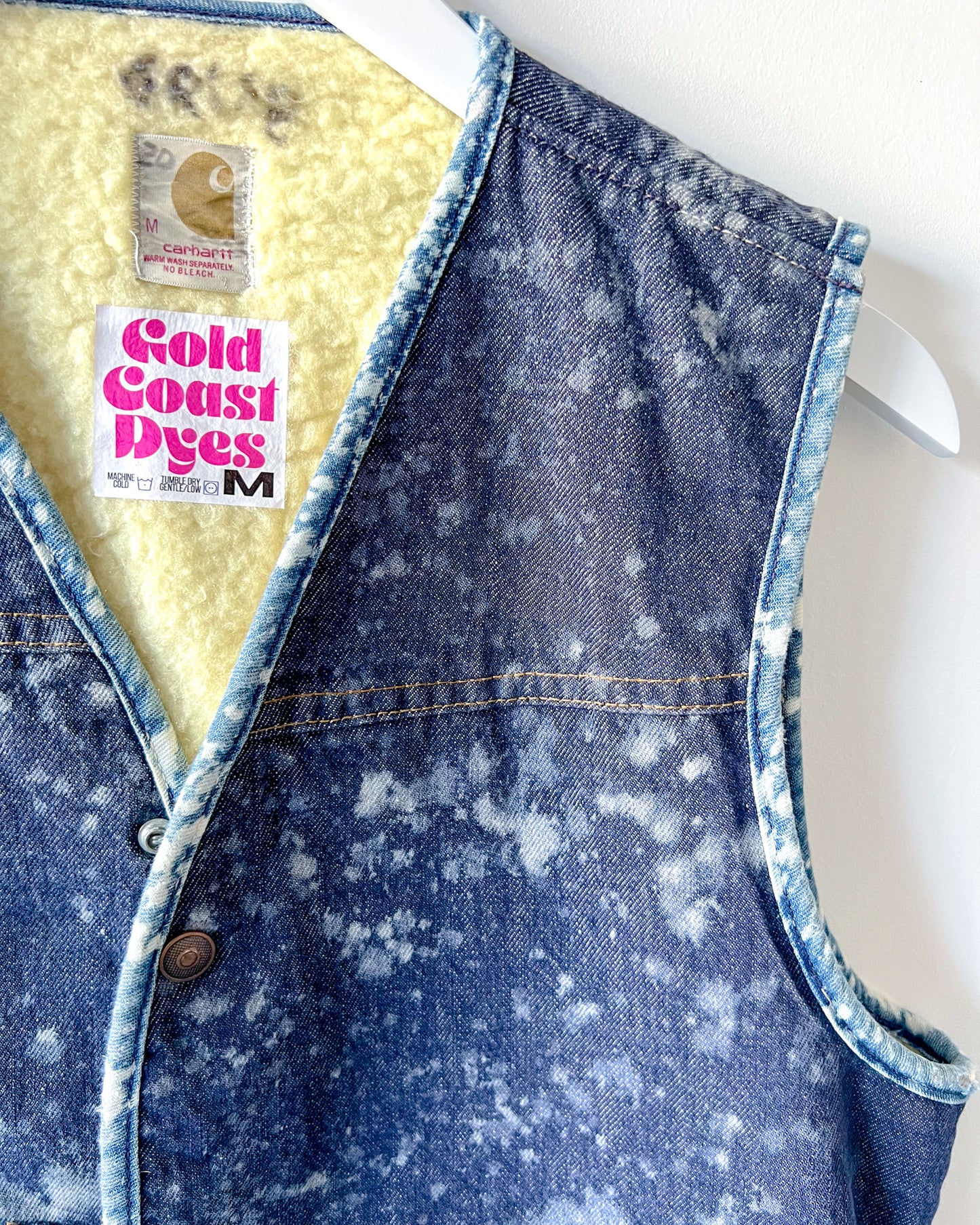 CANTON - Vintage 80s Carhartt Acid Washed Sherpa Lined Denim Vest - Denim, White - Unisex Medium