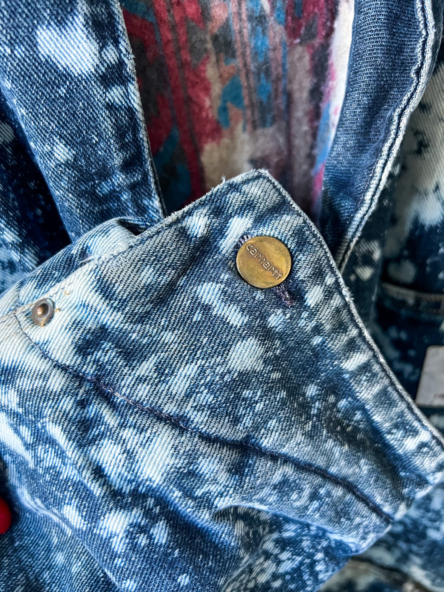 CONNECTICUT - Vintage 90s Carhartt Acid Washed Blanket Lined Chore Coat - Denim, White - Unisex Large