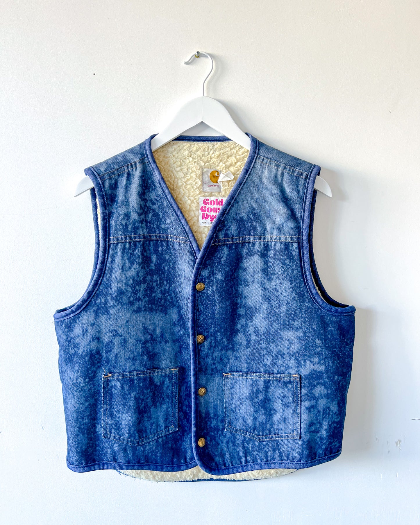 DELAWARE - Vintage 80s Carhartt Acid Washed Sherpa Lined Denim Vest - Denim, White - Unisex Large