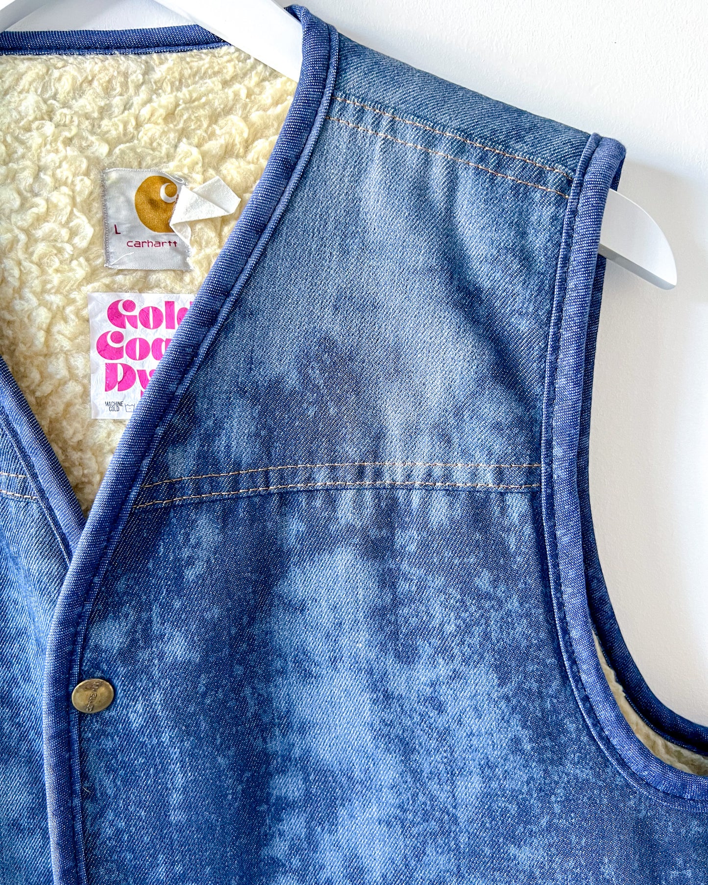 DELAWARE - Vintage 80s Carhartt Acid Washed Sherpa Lined Denim Vest - Denim, White - Unisex Large