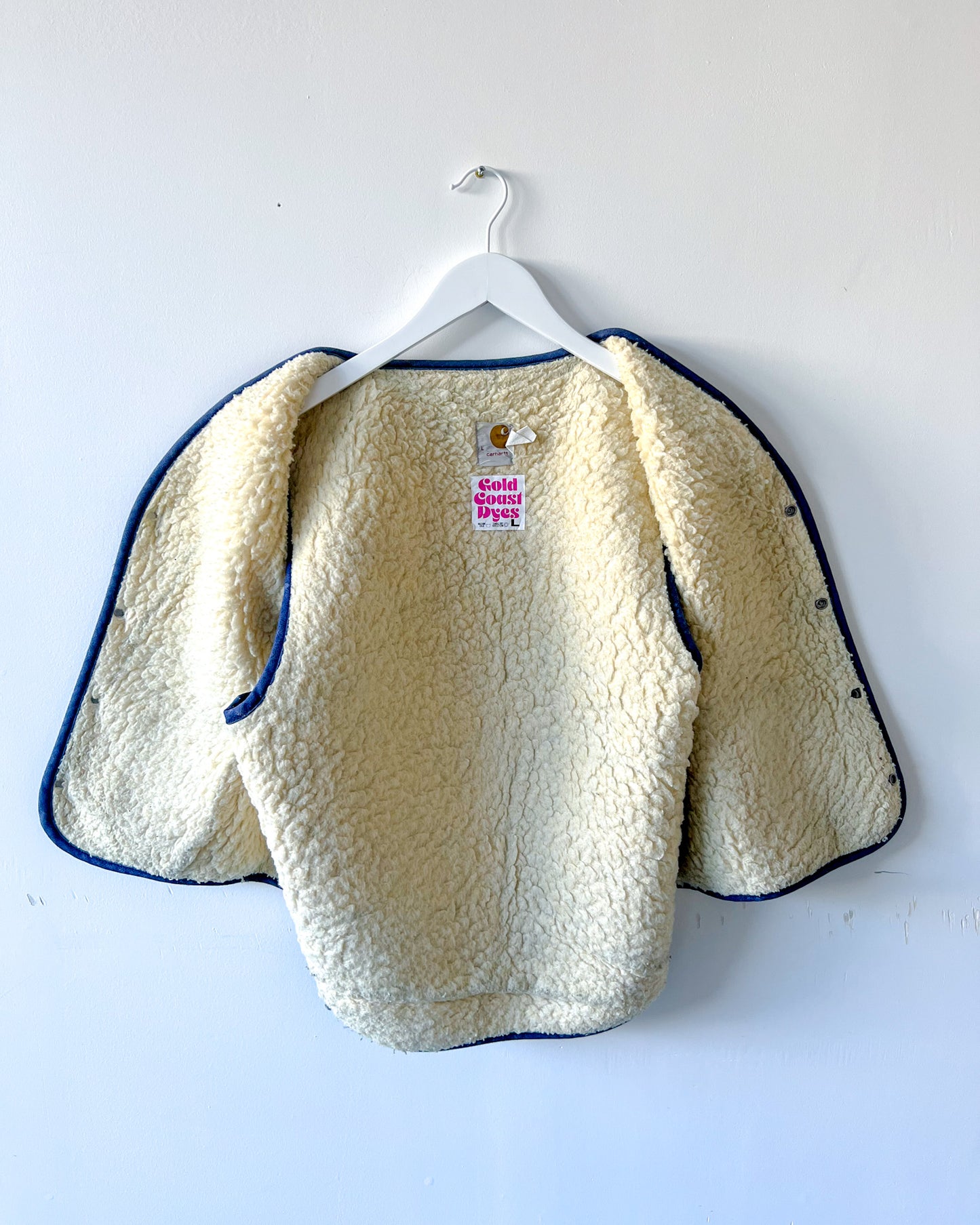 DELAWARE - Vintage 80s Carhartt Acid Washed Sherpa Lined Denim Vest - Denim, White - Unisex Large