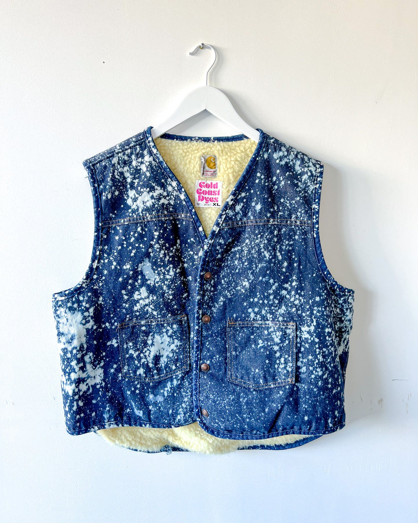 JACKSON - Vintage 80s Carhartt Acid Washed Sherpa Lined Denim Vest - Denim, White - Unisex XL