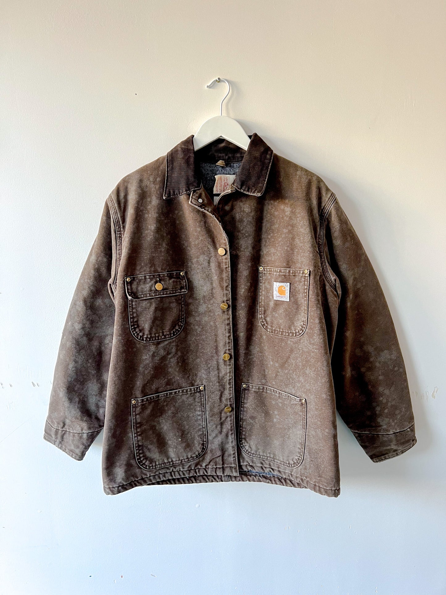 JASPER - Vintage 90s Carhartt Acid Washed Blanket Lined Chore Coat - Chocolate Brown, Gray - Unisex Medium