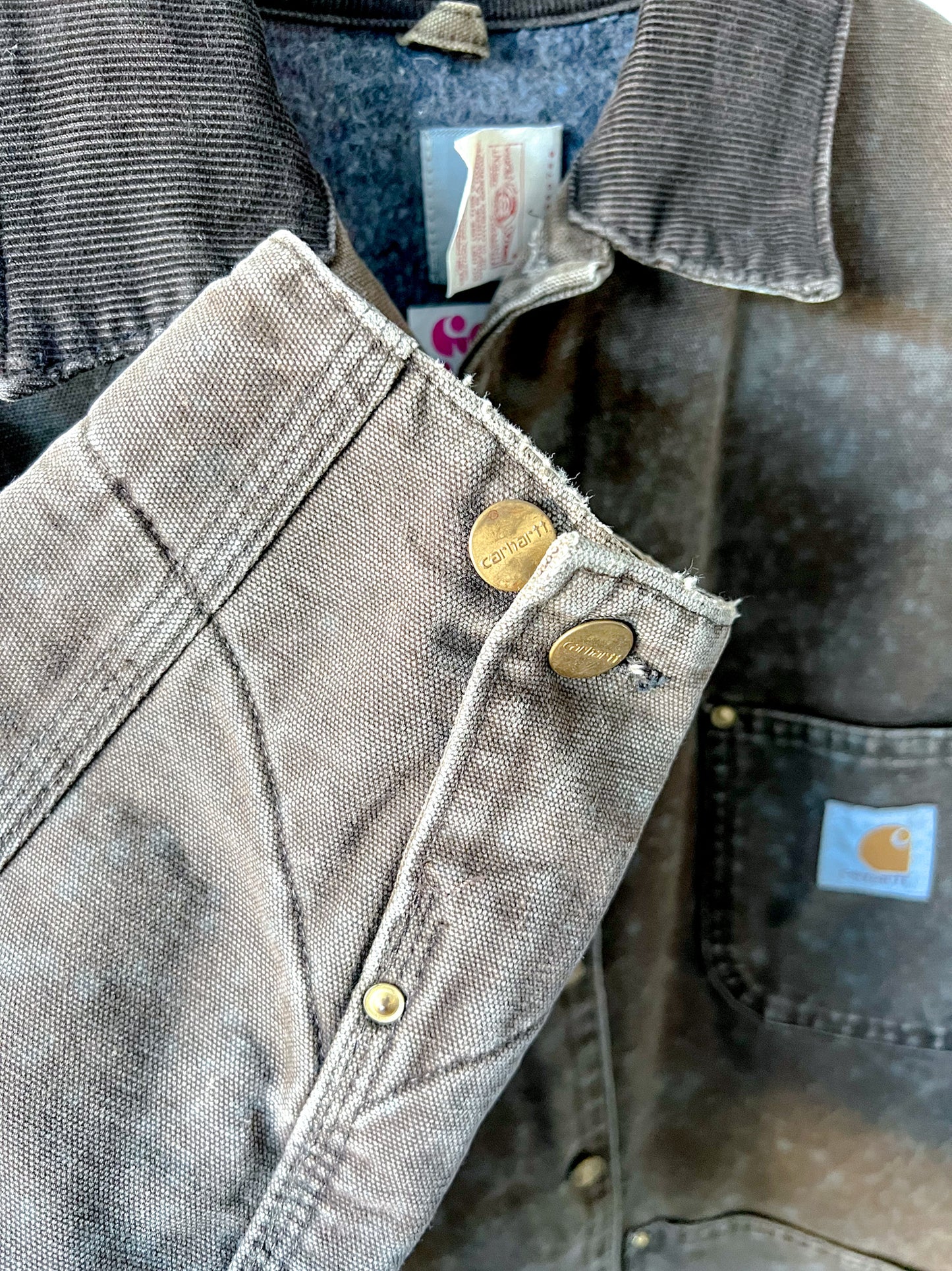 JASPER - Vintage 90s Carhartt Acid Washed Blanket Lined Chore Coat - Chocolate Brown, Gray - Unisex Medium