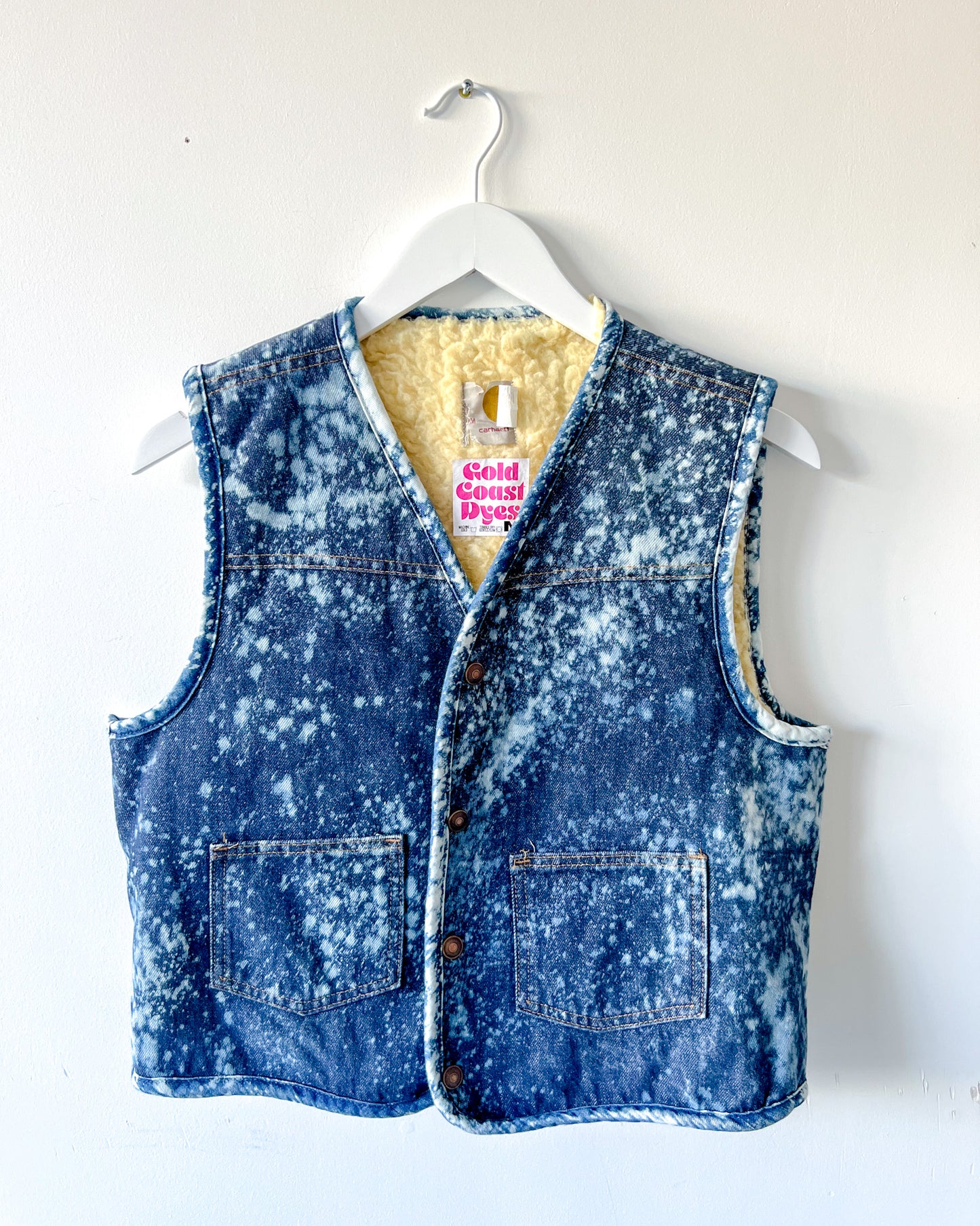 MOJAVE - Vintage 80s Carhartt Acid Washed Sherpa Lined Denim Vest - Denim, White - Unisex Small or Medium