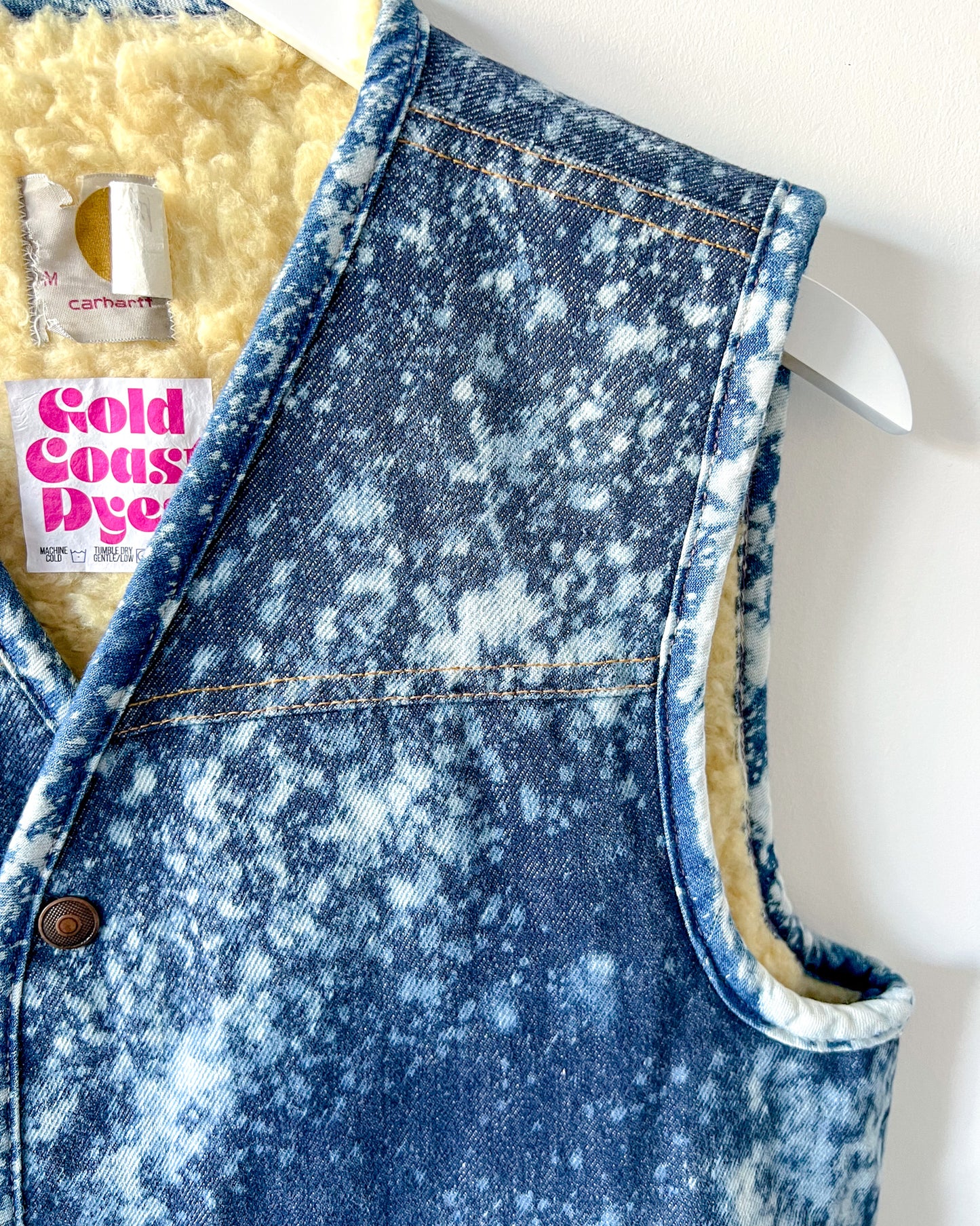 MOJAVE - Vintage 80s Carhartt Acid Washed Sherpa Lined Denim Vest - Denim, White - Unisex Small or Medium