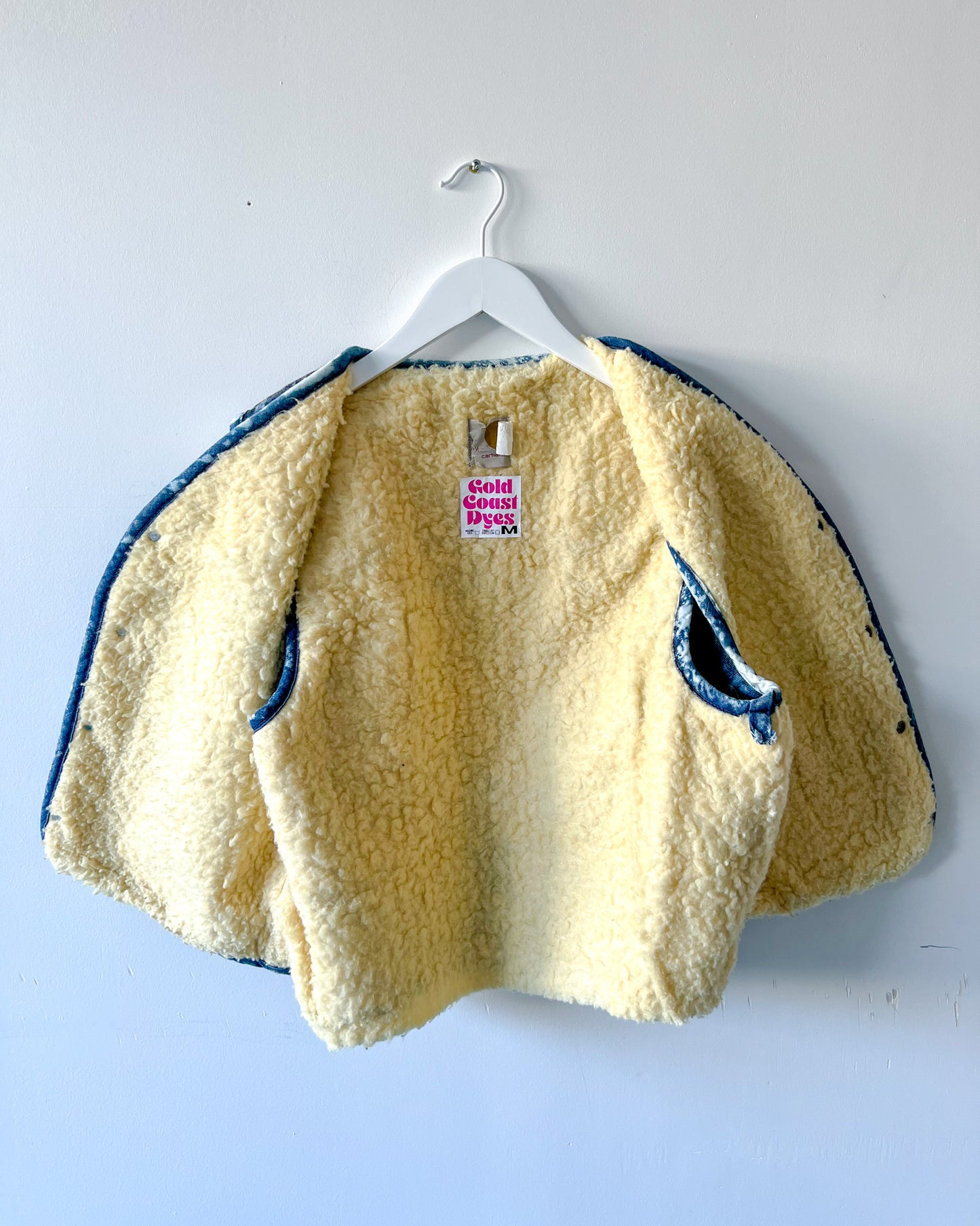 MOJAVE - Vintage 80s Carhartt Acid Washed Sherpa Lined Denim Vest - Denim, White - Unisex Small or Medium