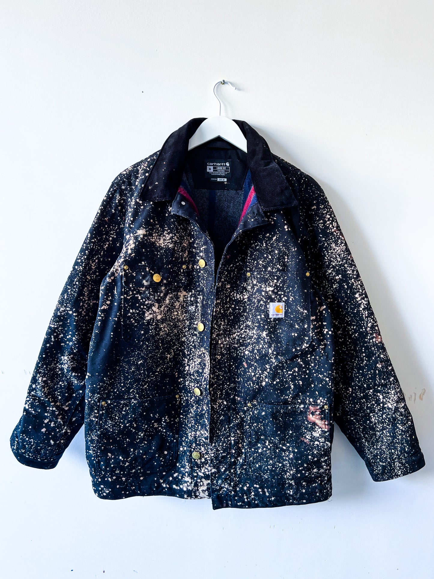 OLYMPIA - Upcycled Carhartt Acid Washed Blanket Lined Chore Coat - Jet Black, Rose Gold - Unisex Medium