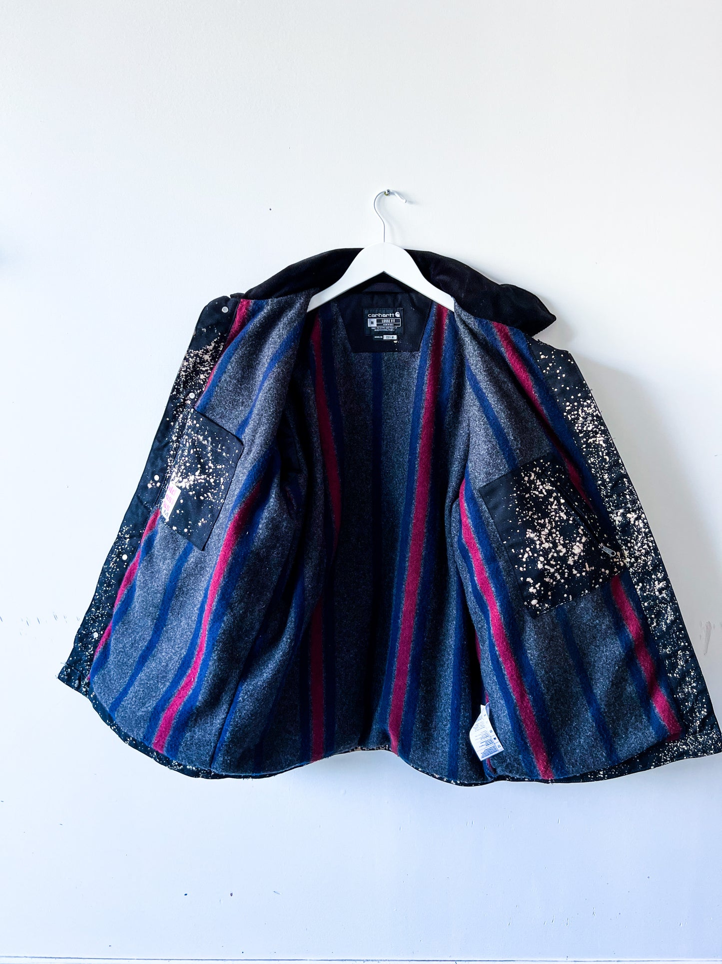 OLYMPIA - Upcycled Carhartt Acid Washed Blanket Lined Chore Coat - Jet Black, Rose Gold - Unisex Medium
