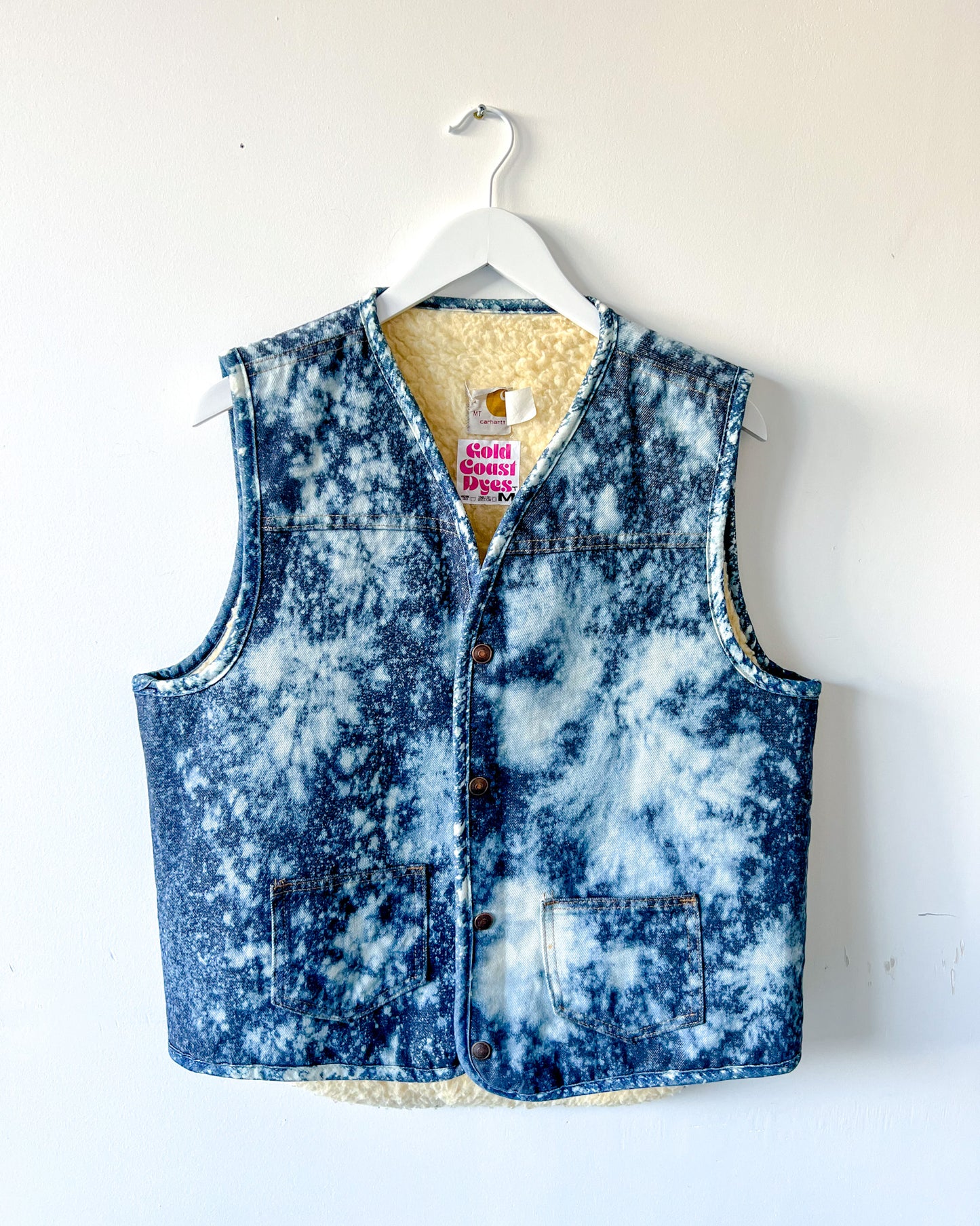PENNSYLVANIA - Vintage 80s Carhartt Acid Washed Sherpa Lined Denim Vest - Denim, White - Unisex Small or Medium