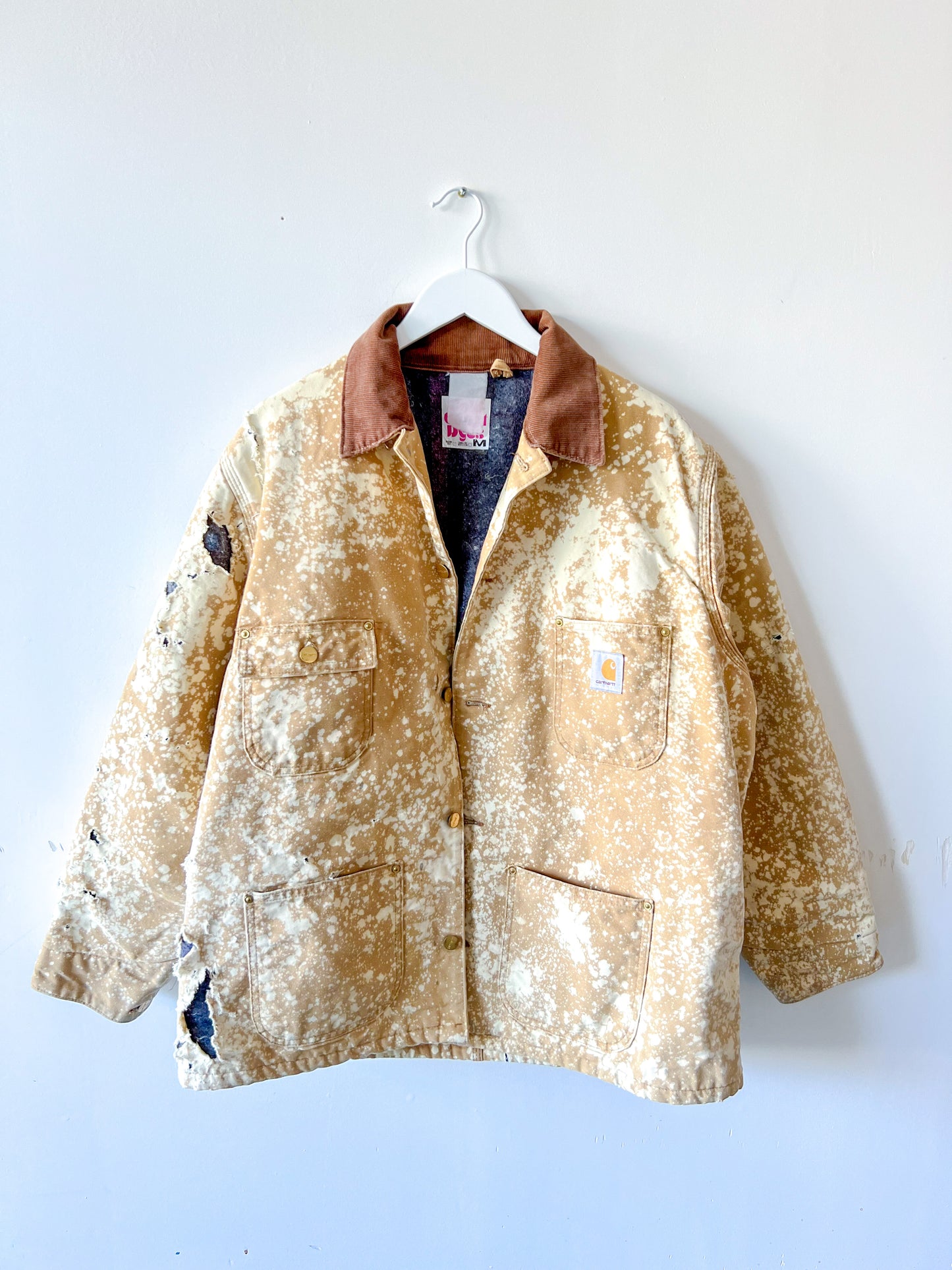 PRESCOTT - Vintage 80s Carhartt Acid Washed Blanket Lined Chore Coat - Tan, Beige - Unisex Medium
