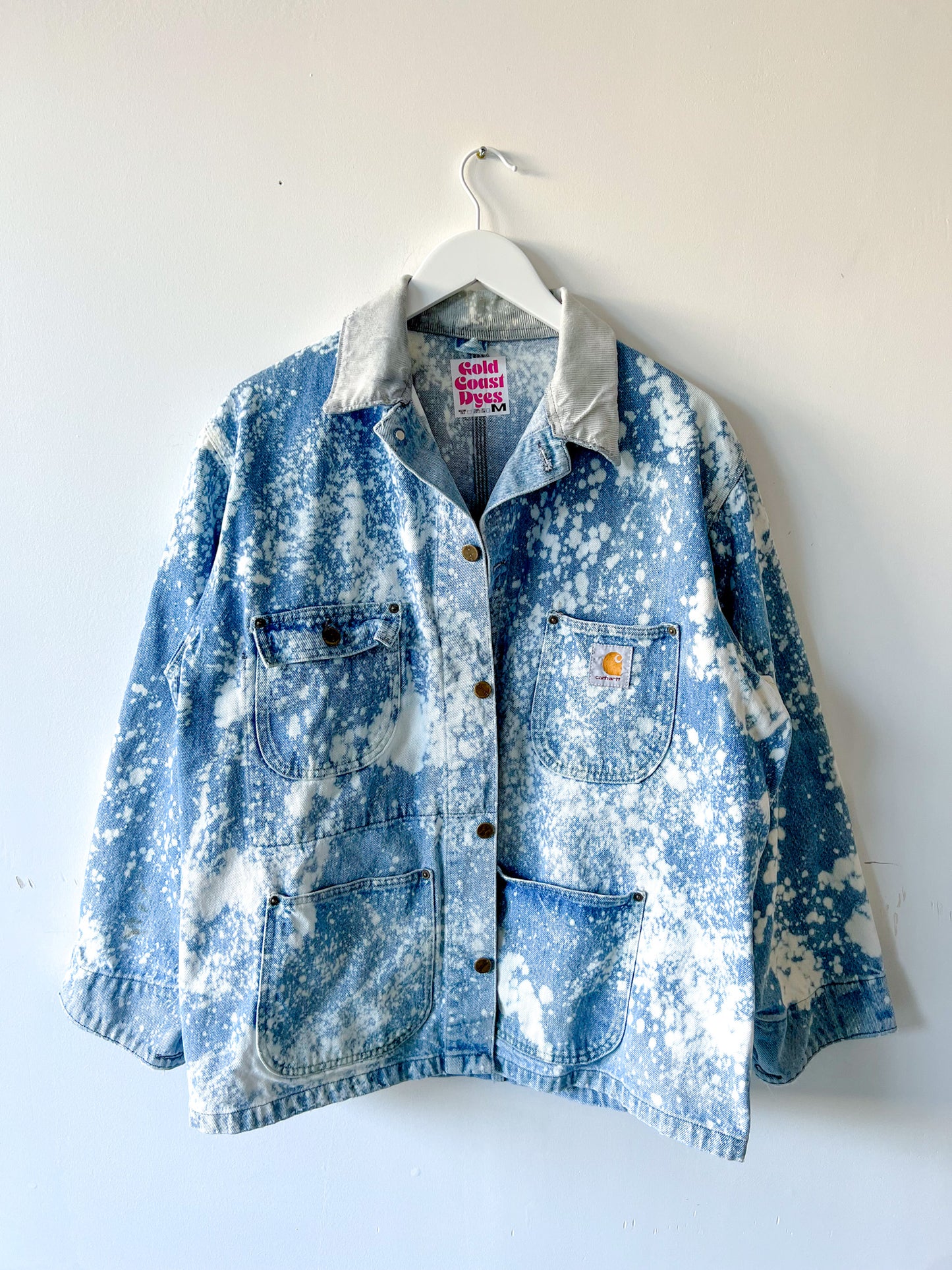 SARANAC LAKE - Vintage 90s Carhartt Acid Washed Unlined Chore Coat - Denim, White - Unisex Medium