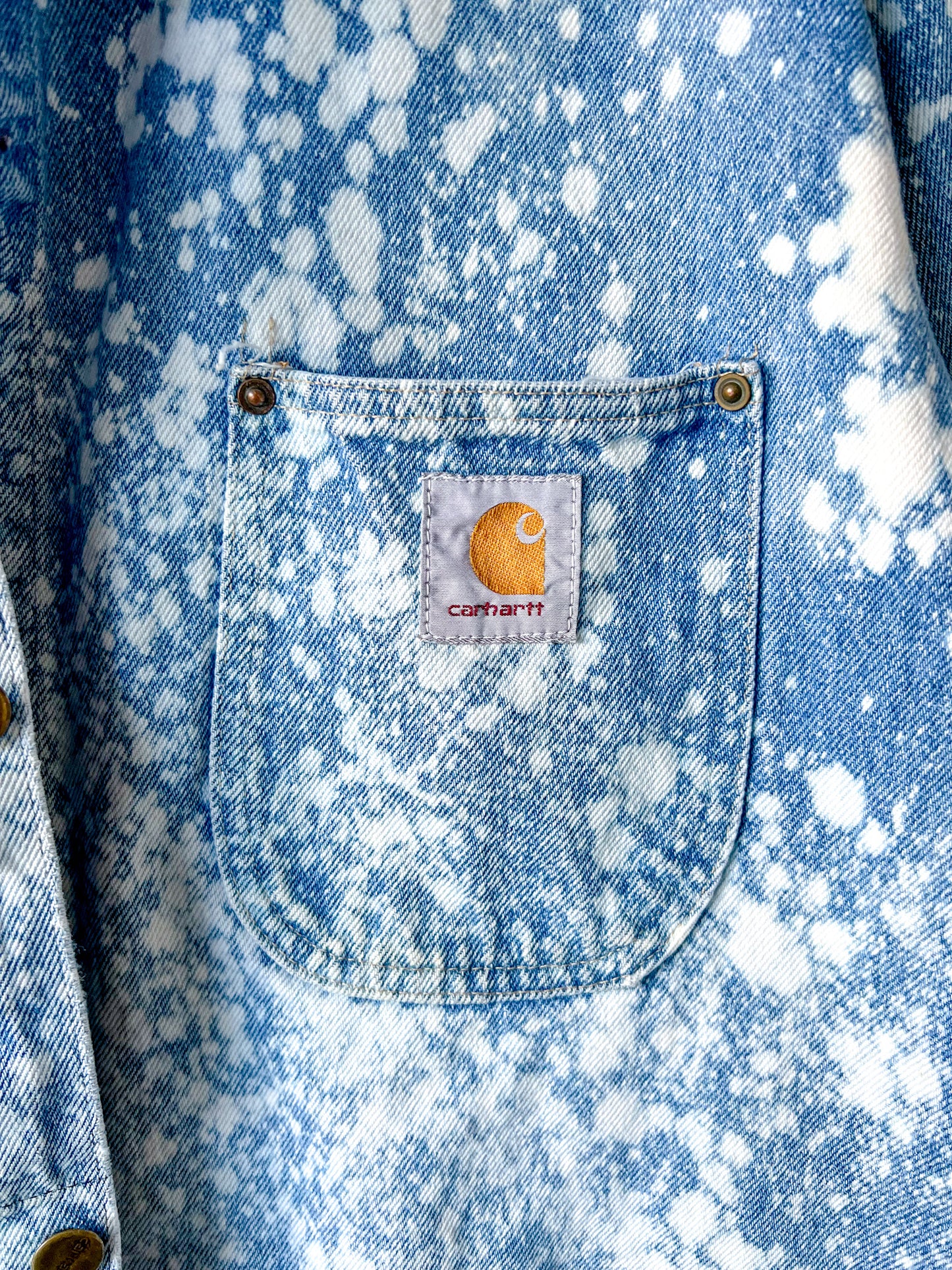 SARANAC LAKE - Vintage 90s Carhartt Acid Washed Unlined Chore Coat - Denim, White - Unisex Medium