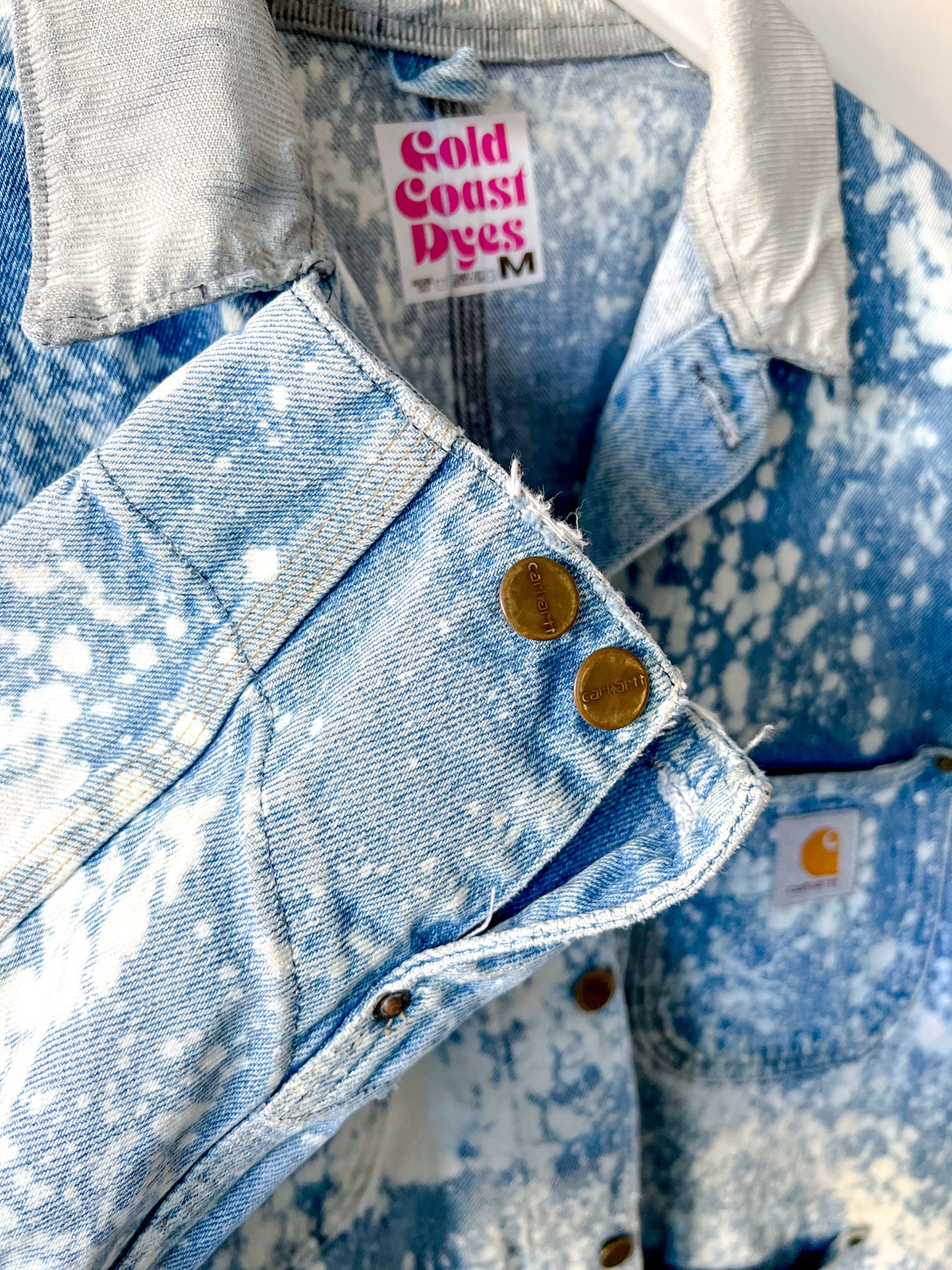 SARANAC LAKE - Vintage 90s Carhartt Acid Washed Unlined Chore Coat - Denim, White - Unisex Medium
