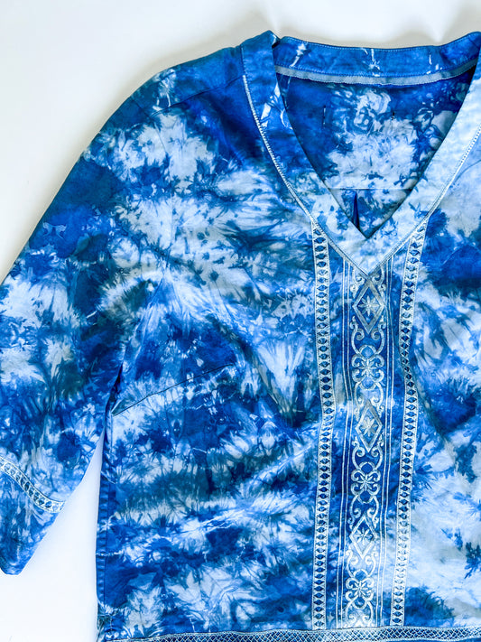 Indigo Dyed Embroidered Kaftan Shirt