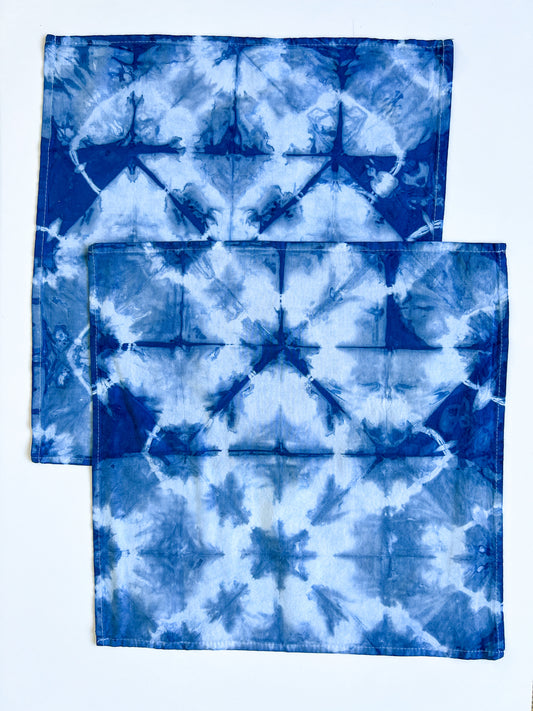 Set of 2 Indigo Dyed Dinner Napkins with Windowpane Pattern